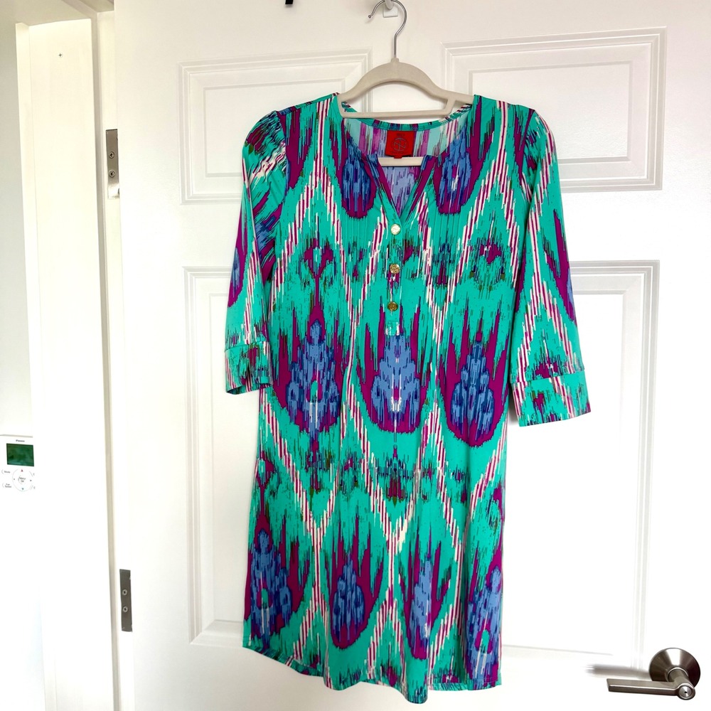 Tracy Negoshian Dress Women S Teal Ikat Print 3/4 Sleeve V-Neck Tunic T-Shirt